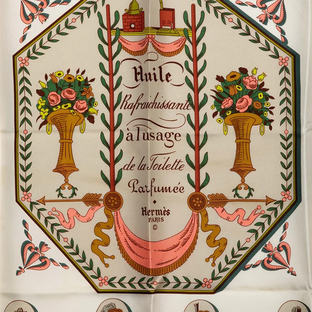 White Hermès Huile Rafraichissante a L Usage de la Toilette Parfumee Silk Scarf 90 Scarves in White Silk from Designer Revival, photo 2 of 2