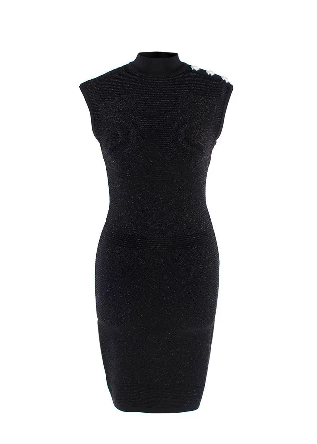 Balmain Black Metallic Ribbed Midi Dress with Silver Button Detail in Black from HEWI