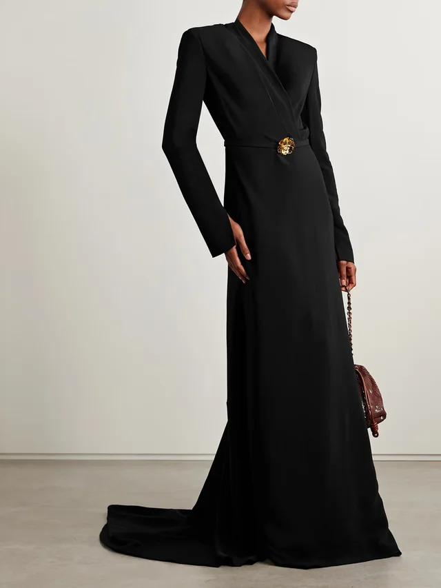 OSCAR DE LA RENTA Wrap-effect embellished belted crepe gown in Black, photo 2 of 2 from NET-A-PORTER (Canada)