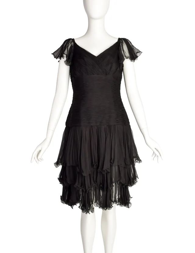 Valentino Garavani Vintage Black Silk Chiffon Pleated Black Dress in Black Silk from Amarcord Vintage Fashion