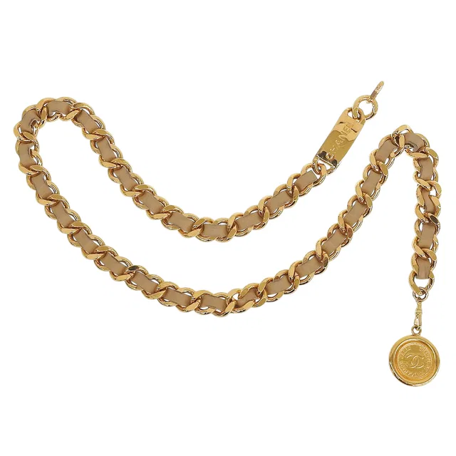 Chanel CC mark coin motif chain belt Beige/Gold in Beige Leather from VINTAGE QOO TOKYO