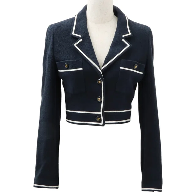 Chanel 1995 Cropped CC Mark Button Jacket #36 Navy in Navy from VINTAGE QOO TOKYO