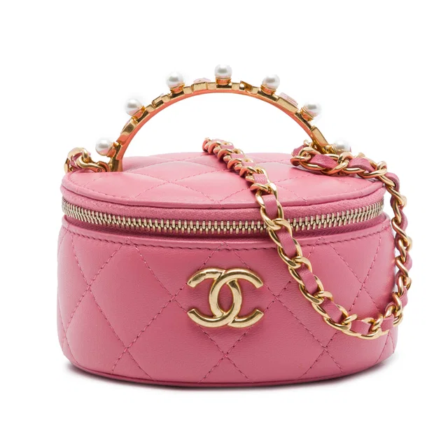 Pink Chanel Mini CC Quilted Lambskin Pearl Top Handle Vanity Case with Chain Satchel in Pink Lambskin from Designer Revival