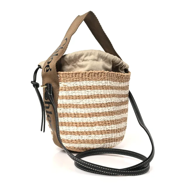 Chloé Raffia Calfskin Small Woody Striped Basket Bag Brown in Brown Calfskin from FASHIONPHILE, photo 3 of 10