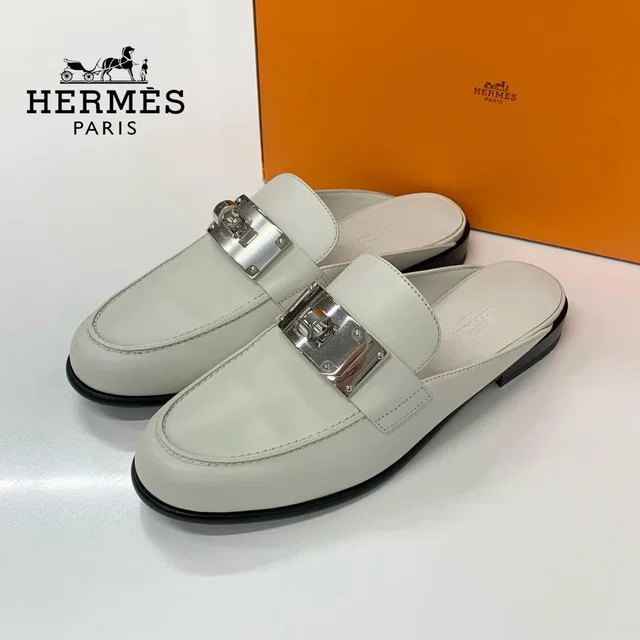 Hermès Jota Leather Kelly Mules Off White in White Leather from The Reluxe