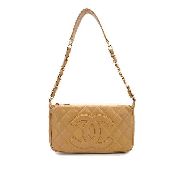 Chanel Vintage Matellasse Chain Shoulder Bag Beige Caviar Skin Gold Hardware in Beige Caviar leather from Luxury Promise