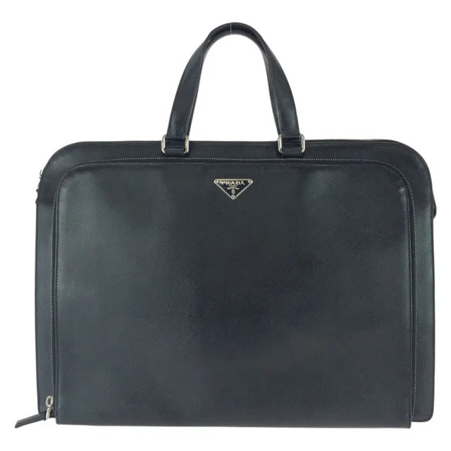 Prada Saffiano Black Silver Leather Business Briefcase in Black Saffiano leather from The Reluxe