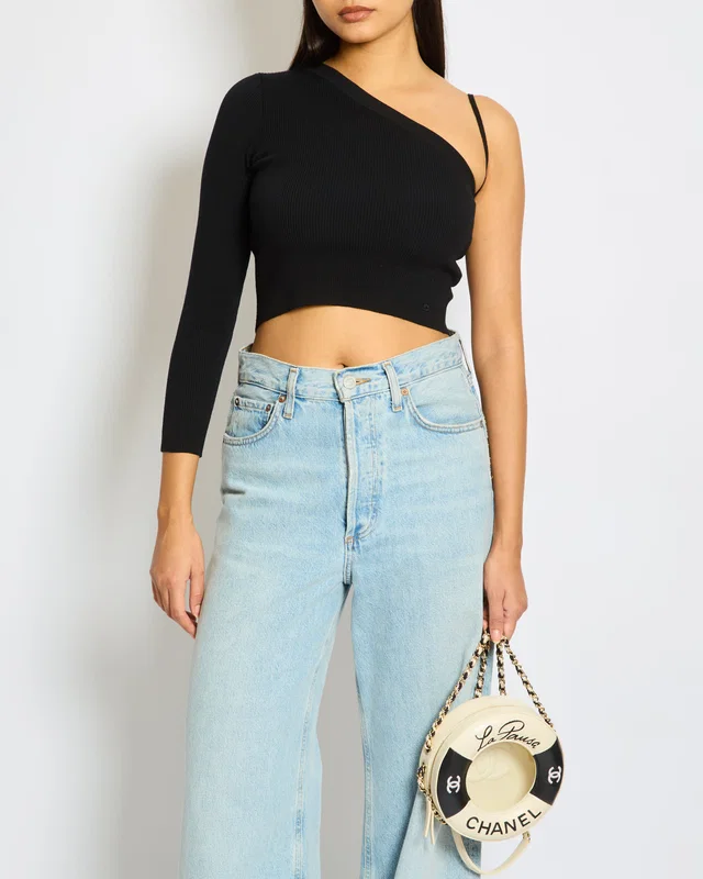 Celine Black Ribbed Asymmetric One-Shoulder Top XS UK 6 in Black Wool from Sellier