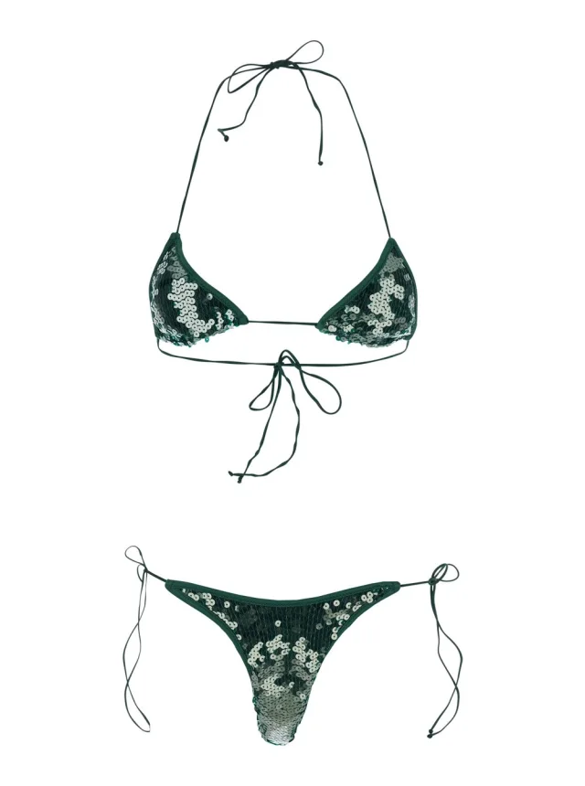 Oséree 'MARYLIN' Green Bikini with Triangle Top and all-over rhinestones in Tech Fabric Women in Green from Gaudenzi Boutique, photo 1 of 1