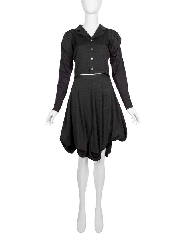 Comme des Garçons Vintage SS 1987 Black Textured Top and Skirt Set in Black Nylon from Amarcord Vintage Fashion
