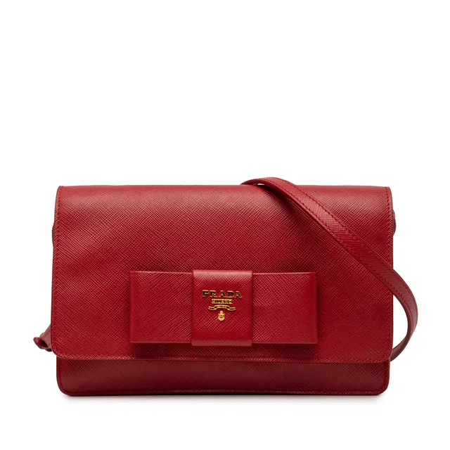 Red Prada Saffiano Lux Bow Wallet On Strap Crossbody Bag in Red Saffiano leather from Designer Revival