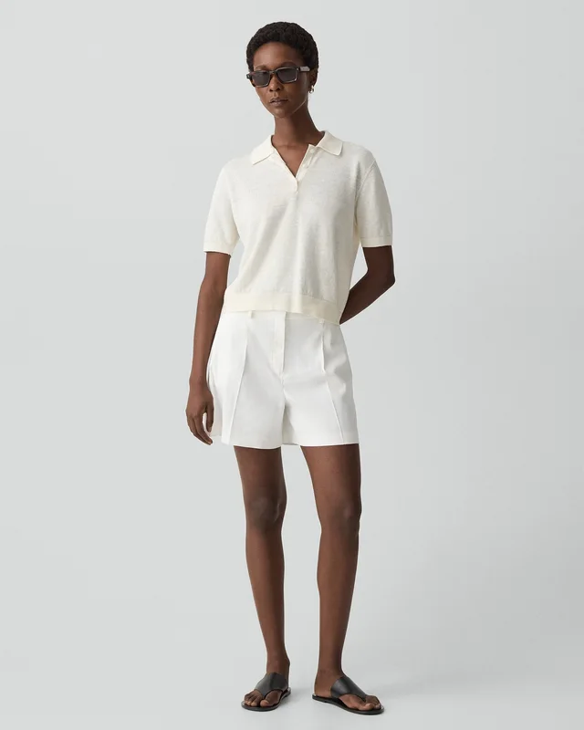 Theory Sheer Polo Shirt in Linen Knit in BONE 77% Linen, 23% Viscose; Exclusive Of Elastic, photo 5 of 12 from Theory