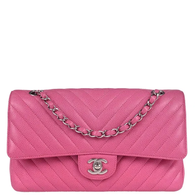 Chanel 2019 Pink Caviar Skin Chevron Medium Double Flap Shoulder Bag in Pink Caviar leather from AMORE Vintage Tokyo