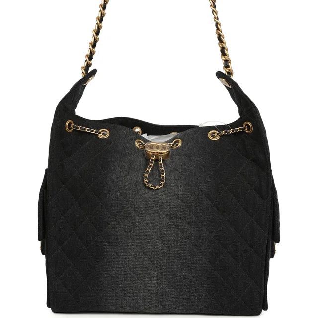 Chanel Medium 25 Hobo Bag Black Washed Denim Antique Gold Hardware in Black Denim from Madison Avenue Couture