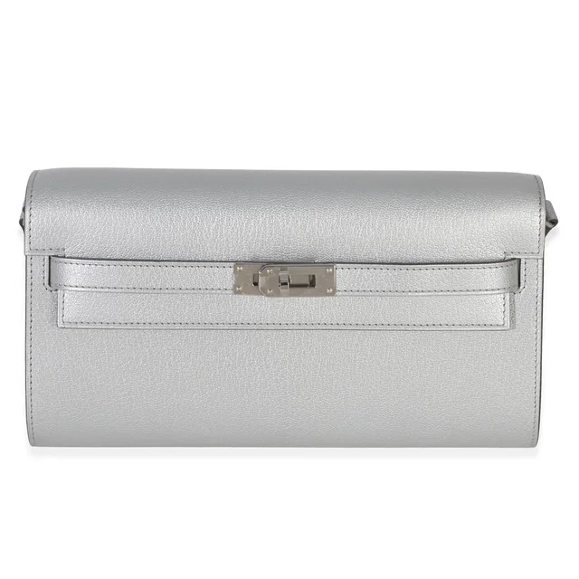 Hermès Argent Metallic Chevre Chamkilight Kelly Wallet To Go PHW in Silver Goatskin from myGemma
