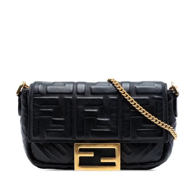 Black Fendi Mini Zucca Embossed Leather Baguette Satchel in Black Leather from Designer Revival