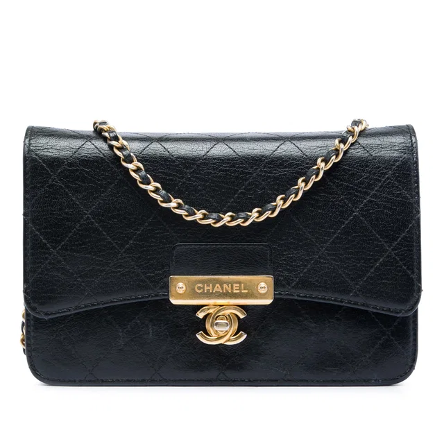 Black Chanel Stitched Goatskin Golden CC Wallet On Chain Crossbody Bag in Black Goatskin from Designer Revival