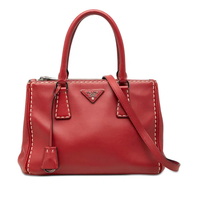 Red Prada Small City Calf Hand Stitched Galleria Double Zip Satchel in Red Leather from Designer Revival