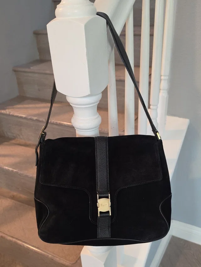 Ferragamo Black Suede Shoulder Bag With Center Strap And Gold Buckle in black|gold Suede from Poshmark