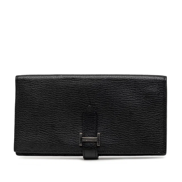 Black Hermès Chevre Mysore Bearn Soufflet Long Wallet in Black Goatskin from Designer Revival