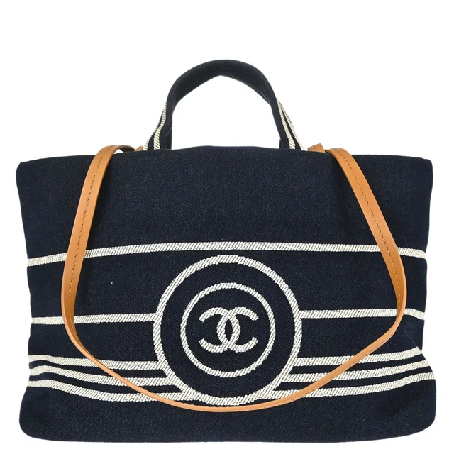 Chanel 2014 Navy Denim Small Deauville Shopping Tote 2way Handbag in Navy Denim from AMORE Vintage Tokyo
