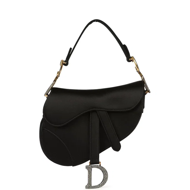 Dior Mini Saddle Bag Black Satin, Crystals Gold Hardware in Black Satin from Madison Avenue Couture