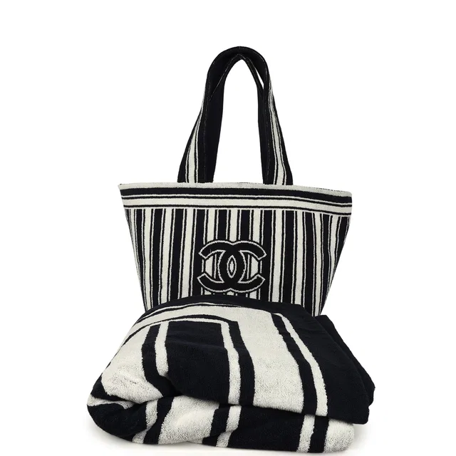 Chanel Coco Beach CC Striped Beach Tote Bag & Towel Set Navy Blue, White Terry Silver Hardware in White Canvas from Madison Avenue Couture