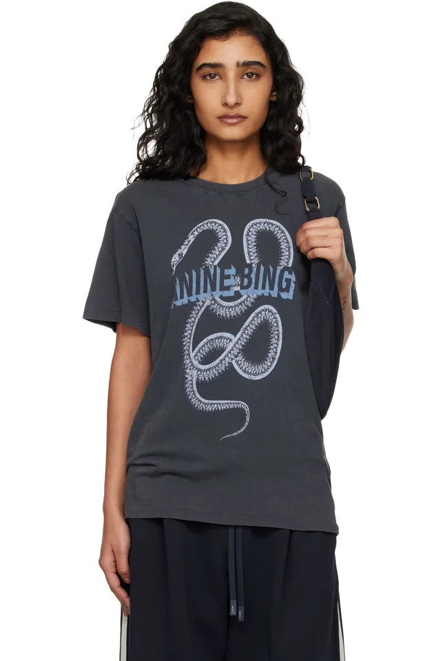 ANINE BING Black Lili Snake T-shirt, image 1 of 1 from SSENSE