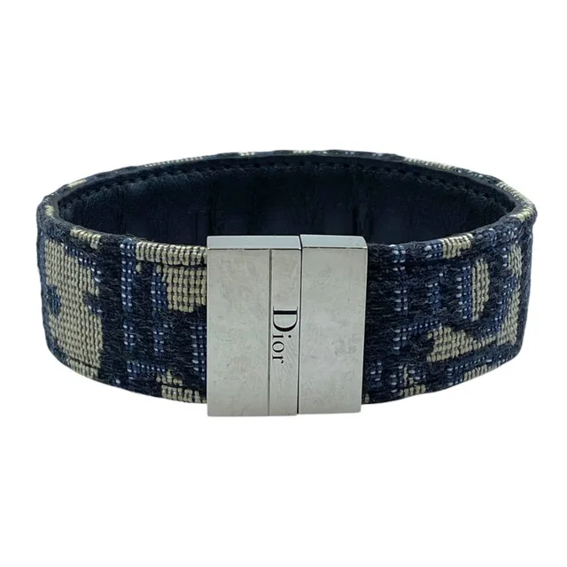 Dior Oblique Bracelet Bangle Jacquard Canvas Leather Metal Navy in Navy Canvas from The Reluxe