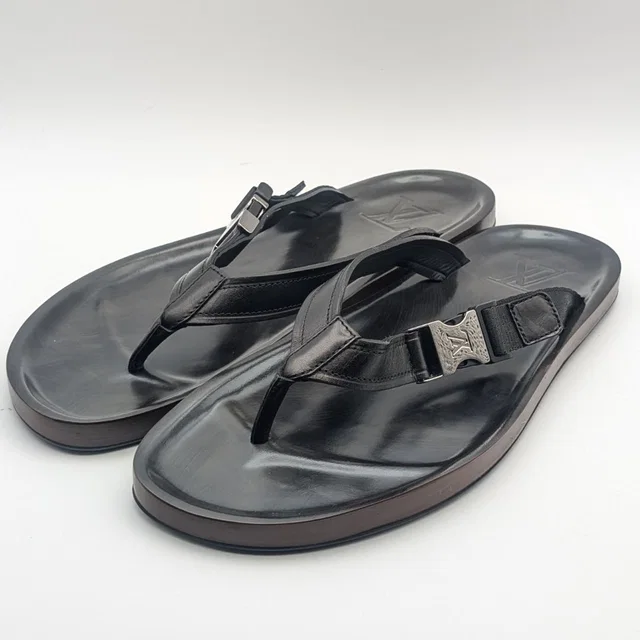 Leather LV Logo Black Sandals Thong Beach in Black Leather from The Reluxe