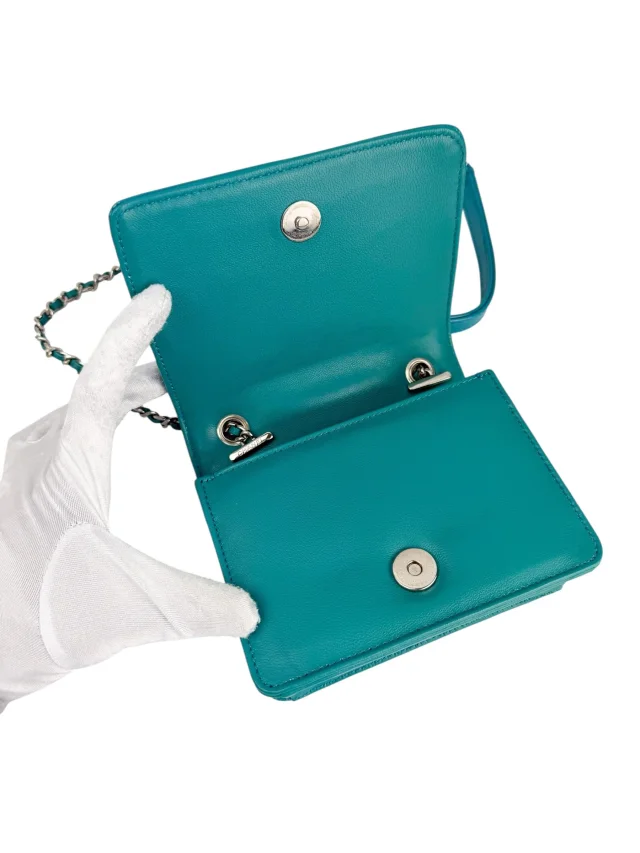Chanel Plexiglass and Patent Lego Boy Brick Flap in Turquoise Patent leather from Season 2 Consign, photo 1 of 1
