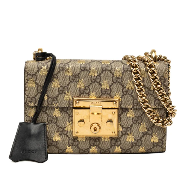 Beige Gucci Small GG Supreme Bee Padlock Crossbody in Beige Coated canvas from Designer Revival
