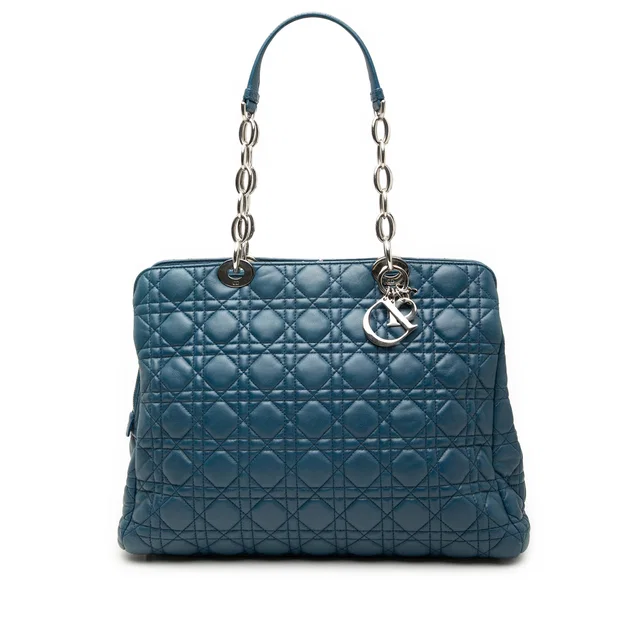Blue Dior Large Lambskin Cannage Soft Zipped Lady Dior Shopping Tote in Blue Lambskin from Designer Revival