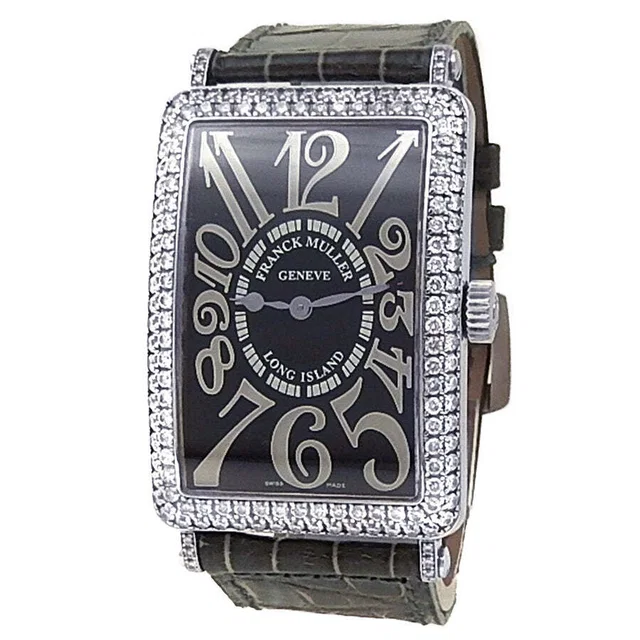Franck Muller Long Island Quartz Diamond Black Dial Mens Watch 1000 QZ D in Black Leather from Jomashop.com