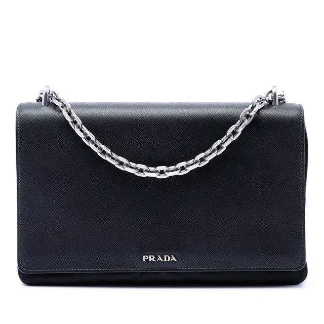 Black Prada Saffiano Lux and Tessuto Chain Crossbody in Black Saffiano leather from Designer Revival
