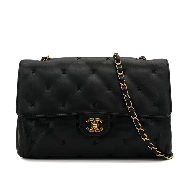 Chanel Vintage Matelasse Stitch Chain Shoulder Bag Black Lamb Skin Gold Hardware in Black from Luxury Promise