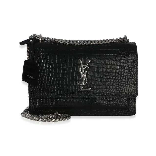 Saint Laurent Black Croc Embossed Calfskin Medium Monogram Sunset Bag Exotic Handbag in Black Calfskin from HEWI