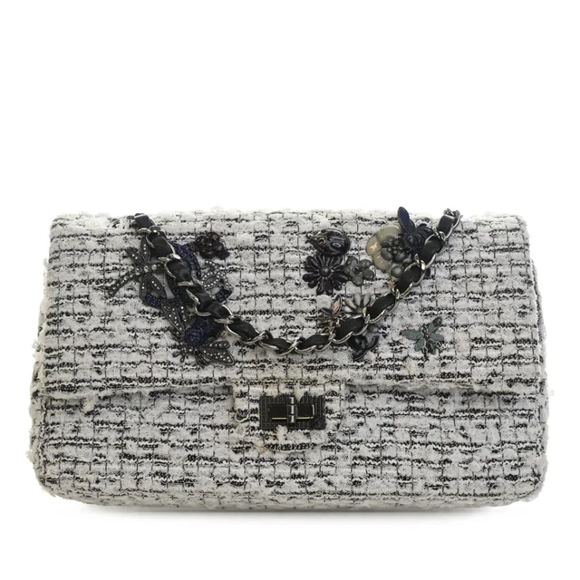 Black Chanel Mini Tweed Garden Party Reissue 2.55 Double Flap 224 Shoulder Bag in Black Tweed from Designer Revival