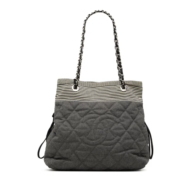 Gray Chanel Medium Quilted Denim Bon Tote in Grey Denim from Designer Revival