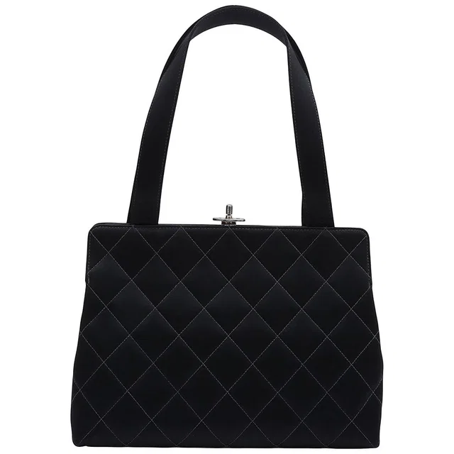Chanel Circa 1997 Silk Satin CC Turn-lock Clasp Handbag Black in Black Satin from VINTAGE QOO TOKYO