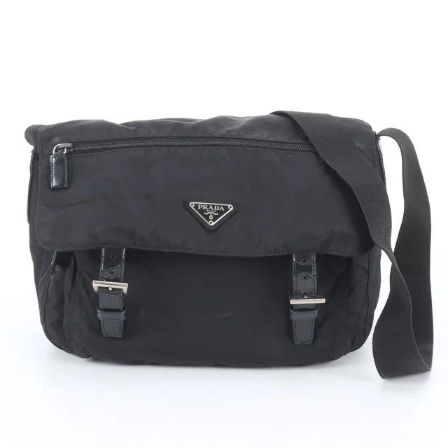 Prada Tessuto Nylon Triangle Logo Leather Shoulder Bag Crossbody Messenger Black in Black Nylon from The Reluxe
