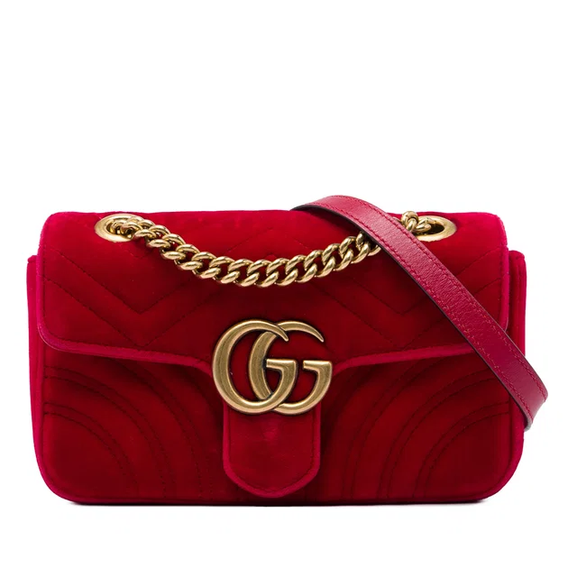 Red Gucci Small GG Marmont Matelasse Velvet Shoulder Bag in Red Velvet from Designer Revival