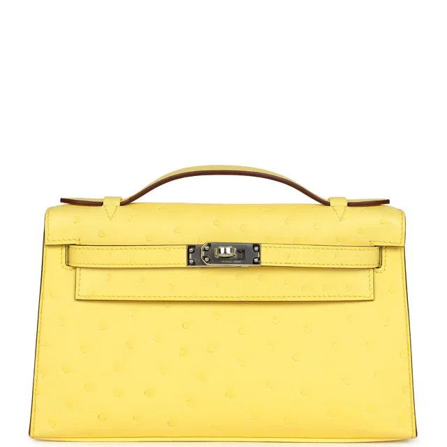 Hermès Kelly Pochette Jaune Citron Ostrich Palladium Hardware in Yellow Ostrich from Madison Avenue Couture