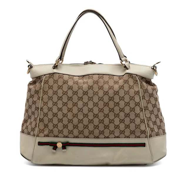 Beige Gucci GG Canvas Web Mayfair Satchel in Beige Canvas from Designer Revival