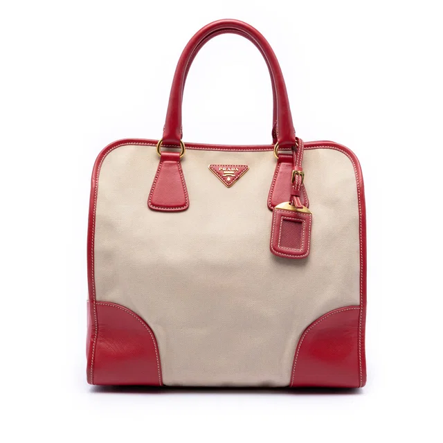 Brown Prada Saffiano Trimmed Canvas Canapa Satchel in Brown Saffiano leather from Designer Revival