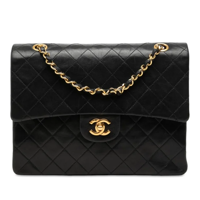 Black Chanel Medium Tall Classic Lambskin Double Flap Shoulder Bag in Black Lambskin from Designer Revival