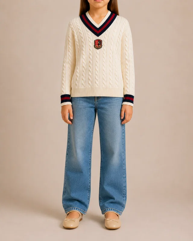 Dolce & Gabbana Kids Cream Wool Cableknit Jumper with Logo Embroidered Patch Size 7/8 years in White Wool from Sellier