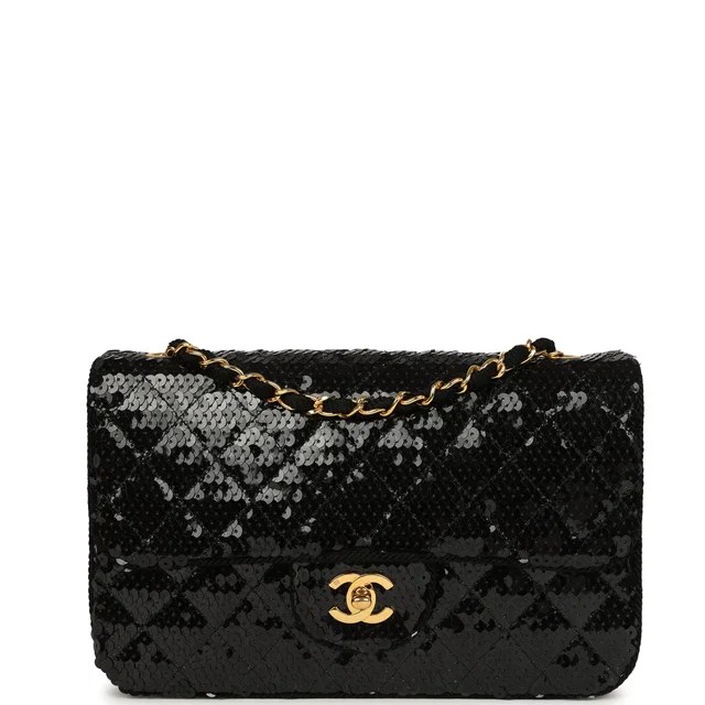 Chanel Vintage Small Flap Bag Black Sequin Gold Hardware in Black Leather from Madison Avenue Couture