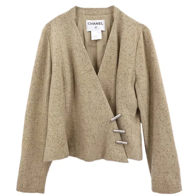 Chanel 1999 Collarless Jacket Beige #42 in Beige Cashmere from AMORE Vintage Tokyo