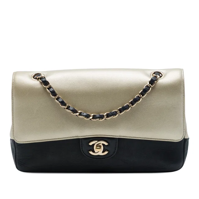 Gold Chanel Medium Classic Bicolor Caviar and Iridescent Calfskin Double Flap Shoulder Bag in Gold Caviar leather from Designer Revival